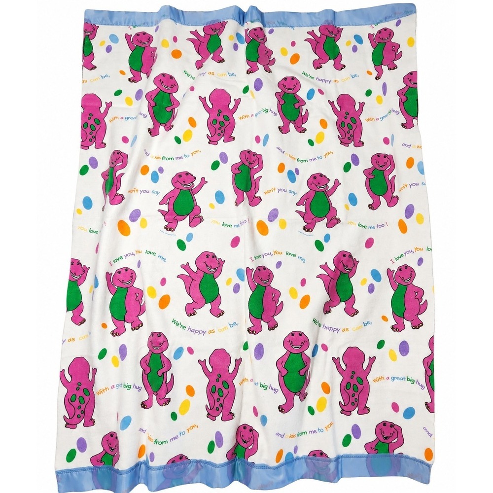 Vintage Barney the Dinosaur 1992 Twin Blanket Nylon Trim Binding Acrylic Poly